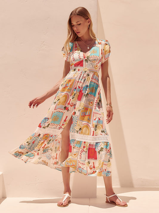 Ocean-Inspired Tencel Puff Balloon Sleeves Maxi Vacation Dress