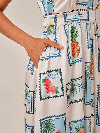 Seamless Pattern Print Halter Neck Maxi Dress