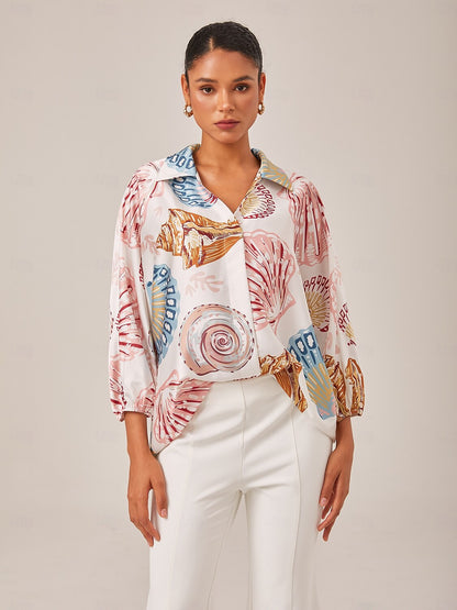 Shell Print Relaxed Fit Overhead V-Neck Blouse