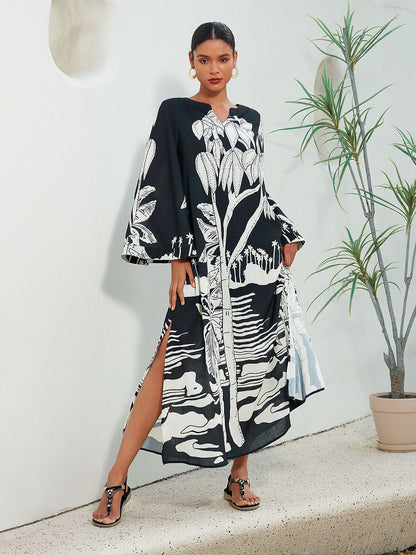 Linen Like Vacation Botanical Print V-Neck Maxi Dress