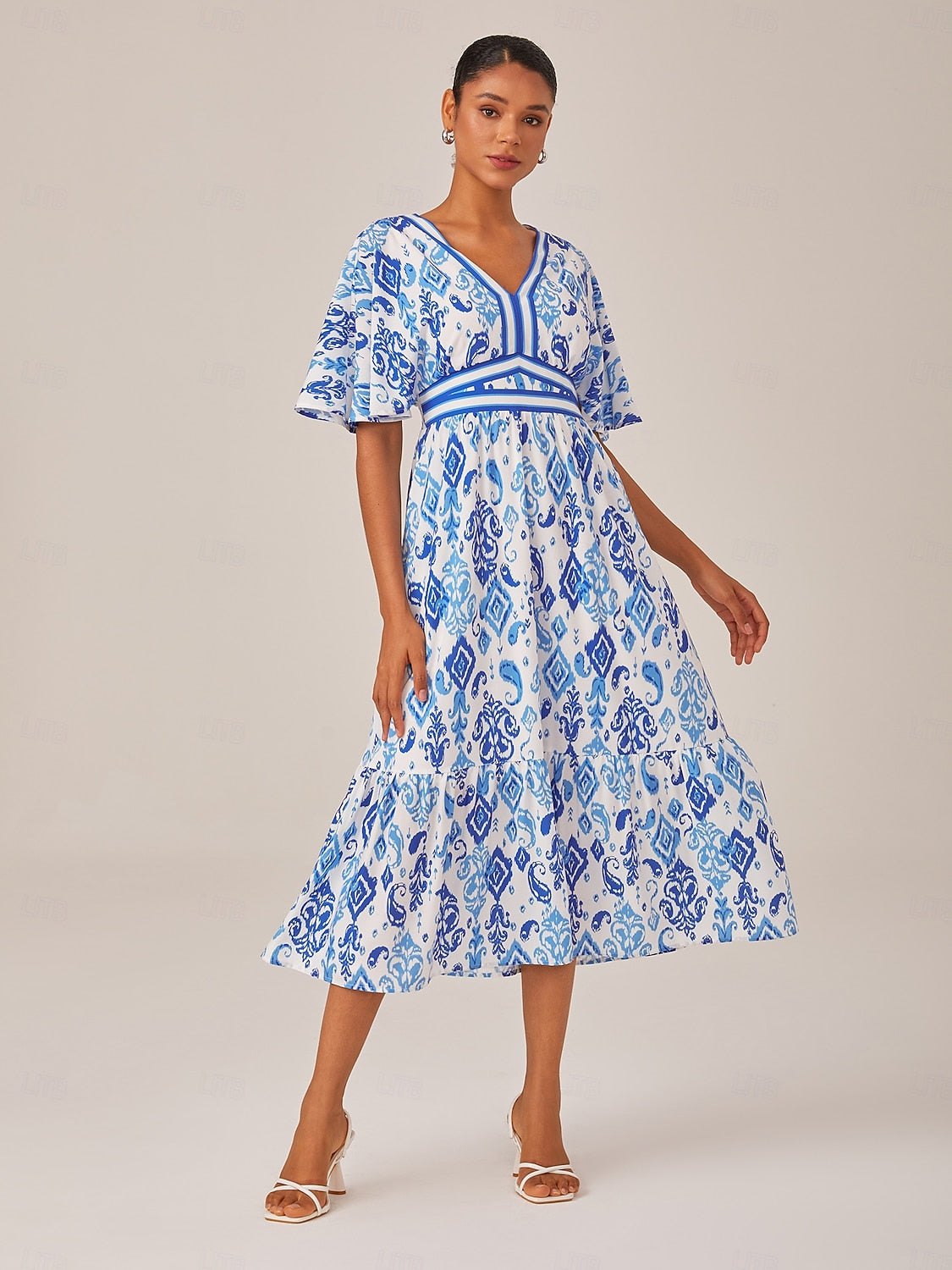 Blue Monochrome Print Empire Waist Midi Dress
