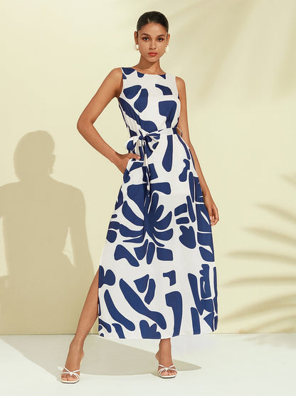 Matte Satin Sleeveless Floral Print Vacation-Style Maxi Dress