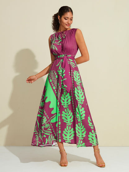 Satin Sleeveless Plants Print Vacation Belted Maxi Dress