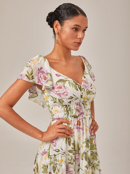 Elegant Floral Print Chiffon Flowy V-Neck Backless Maxi Dress