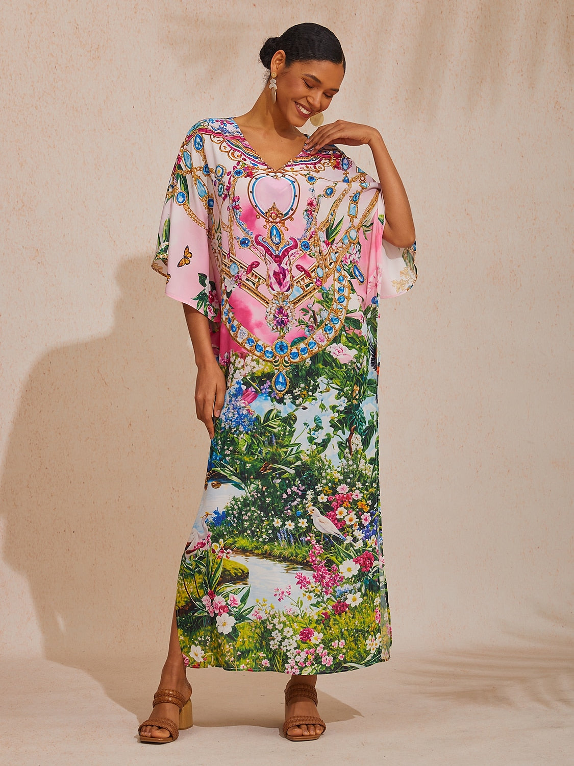 Vacation Jungle Print Dolman Sleeve Chiffon Maxi Dress