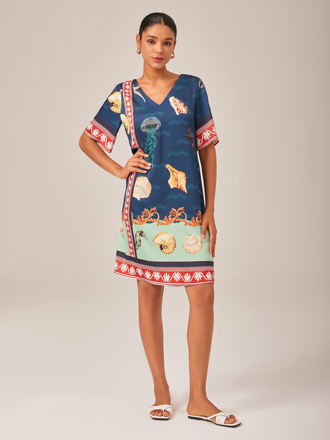 Resort-Style Ocean Print Straight-Cut Mini Dress