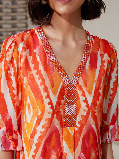 Chiffon Ethnic Print Midi Dress