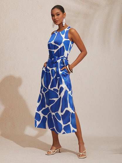 Vacation Geometric Color Block Print Straight Fit Satin Maxi Dress