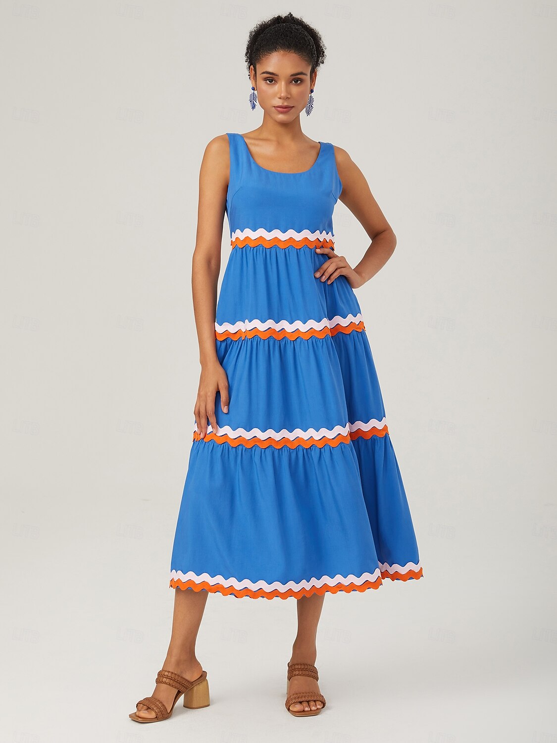 Tencel Layered Ruched Color-Block Webbing Dress