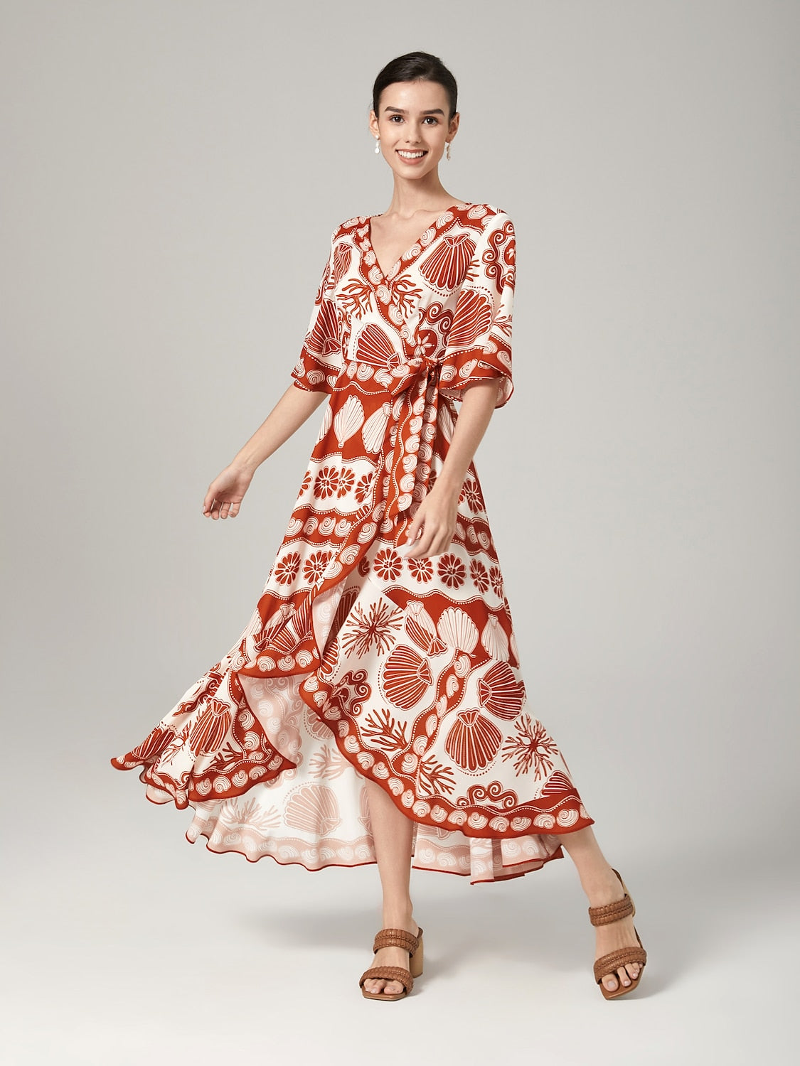 Ocean Elements Print Vacation Style Satin V-Neck Dress