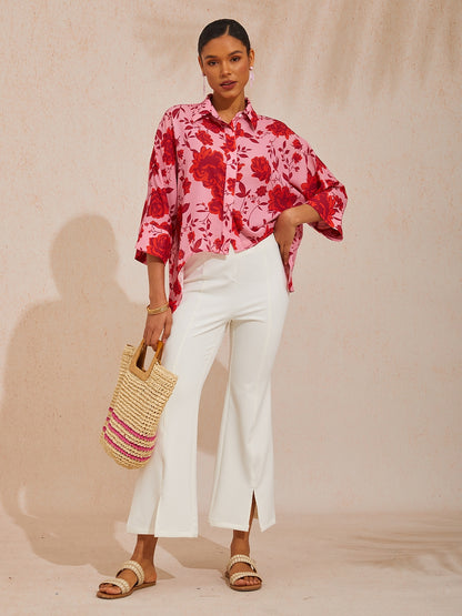 Vacation Floral Print Asymmetrical Dolman Sleeve Chiffon Shirt