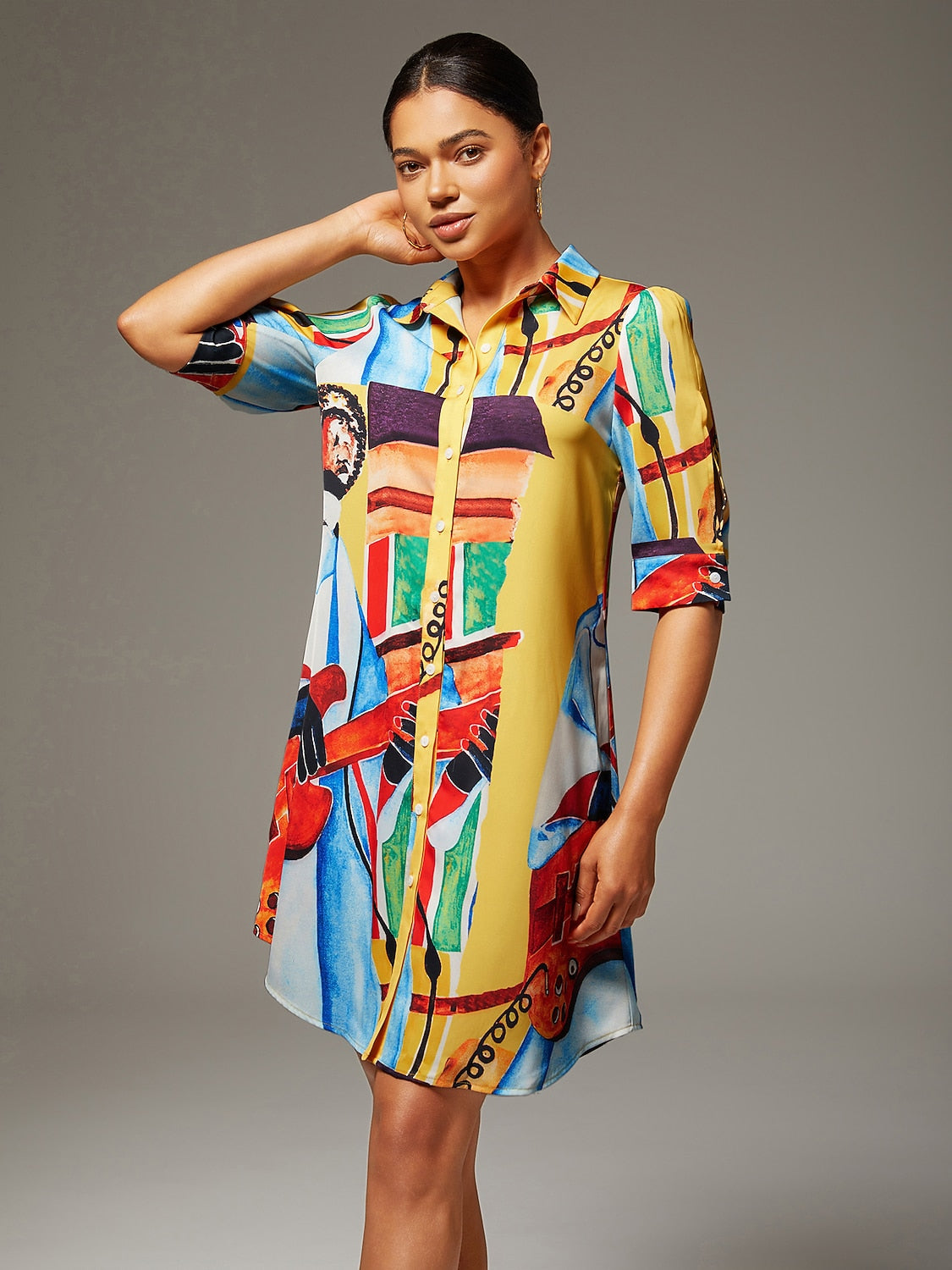 Mini Shirt Dress Satin Artistic Down Straight Fit