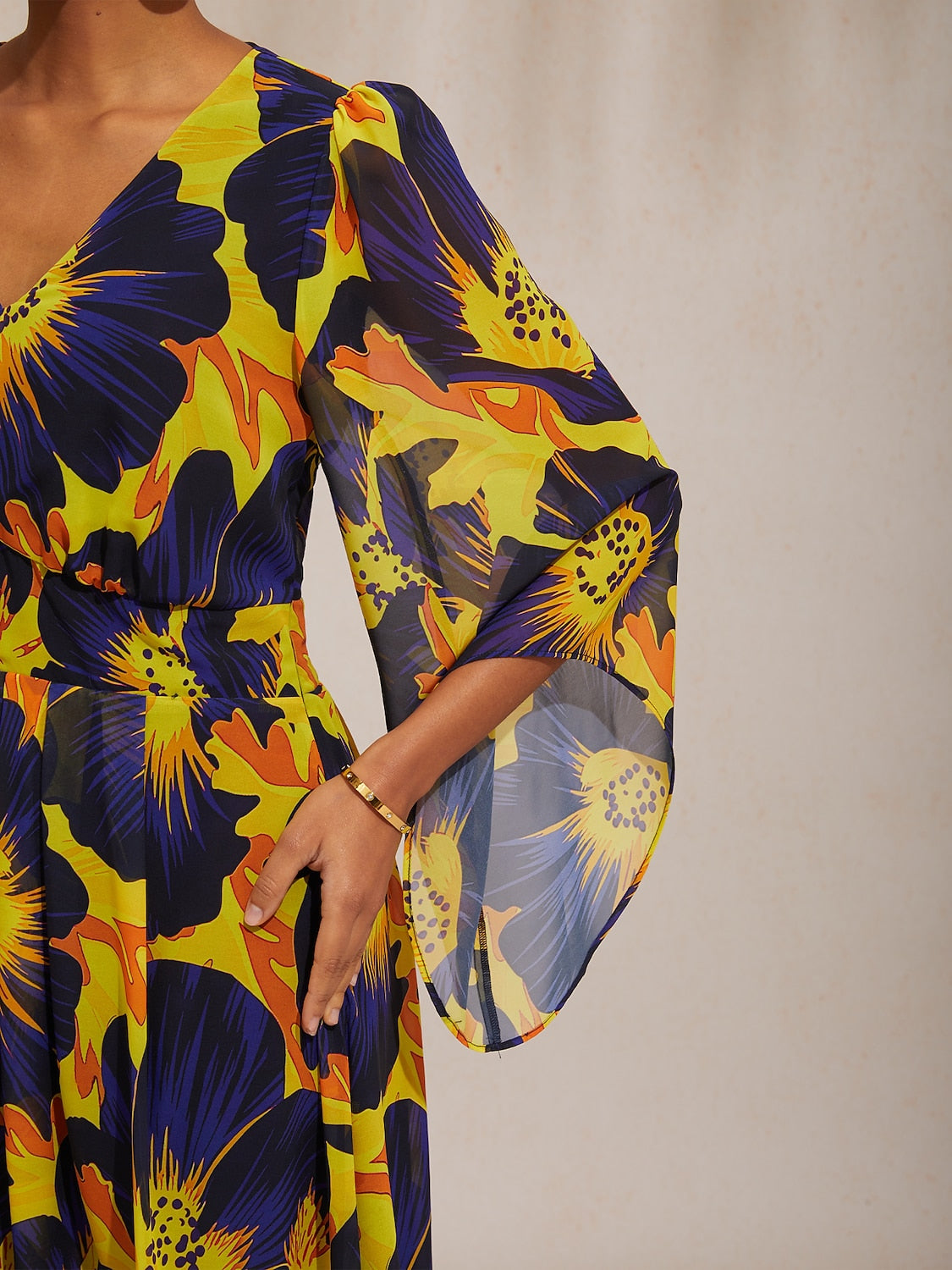 Vacation Abstract Floral Print Waist-defined Chiffon Maxi Dress