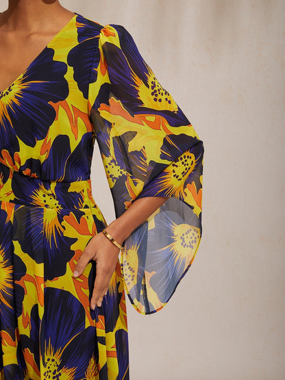 Vacation Abstract Floral Print Waist-defined Chiffon Maxi Dress