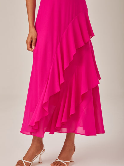 Dress Rose Red Solid Color Ruffle Mismatched