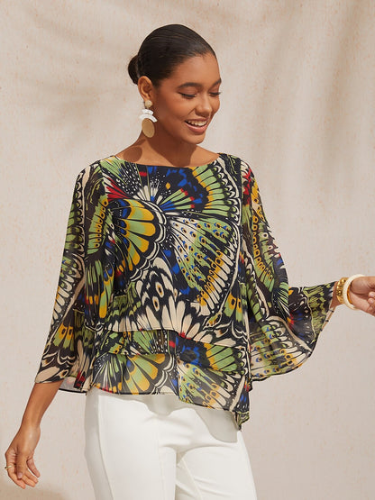 Vacation Butterfly Color Block Print Loose Chiffon Top