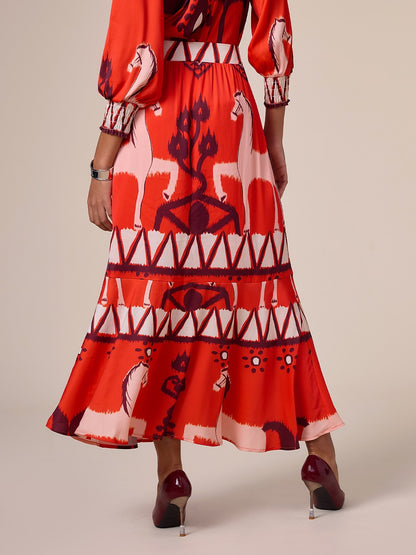 Chiffon Orange Printing Elegant Bohemia Midi Skirt