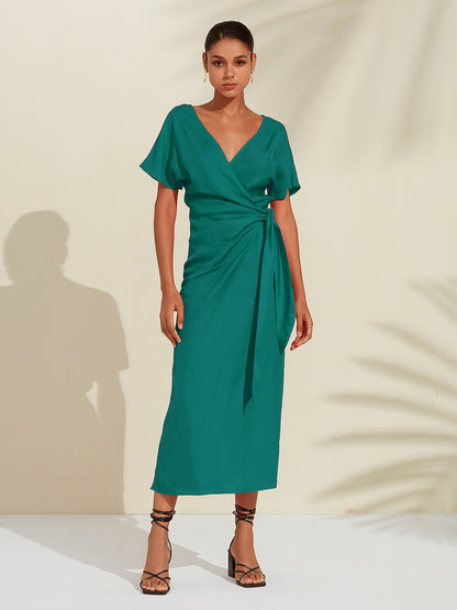 Tencel Linen Orange Red  Shirred Wrap Midi Dress