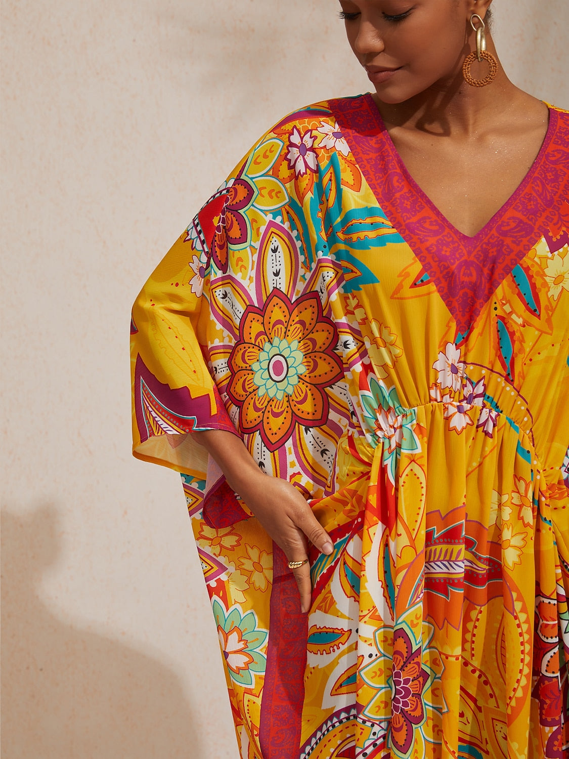 Vacation Yellow Paisley Floral Dolman Sleeves Chiffon Maxi Dress
