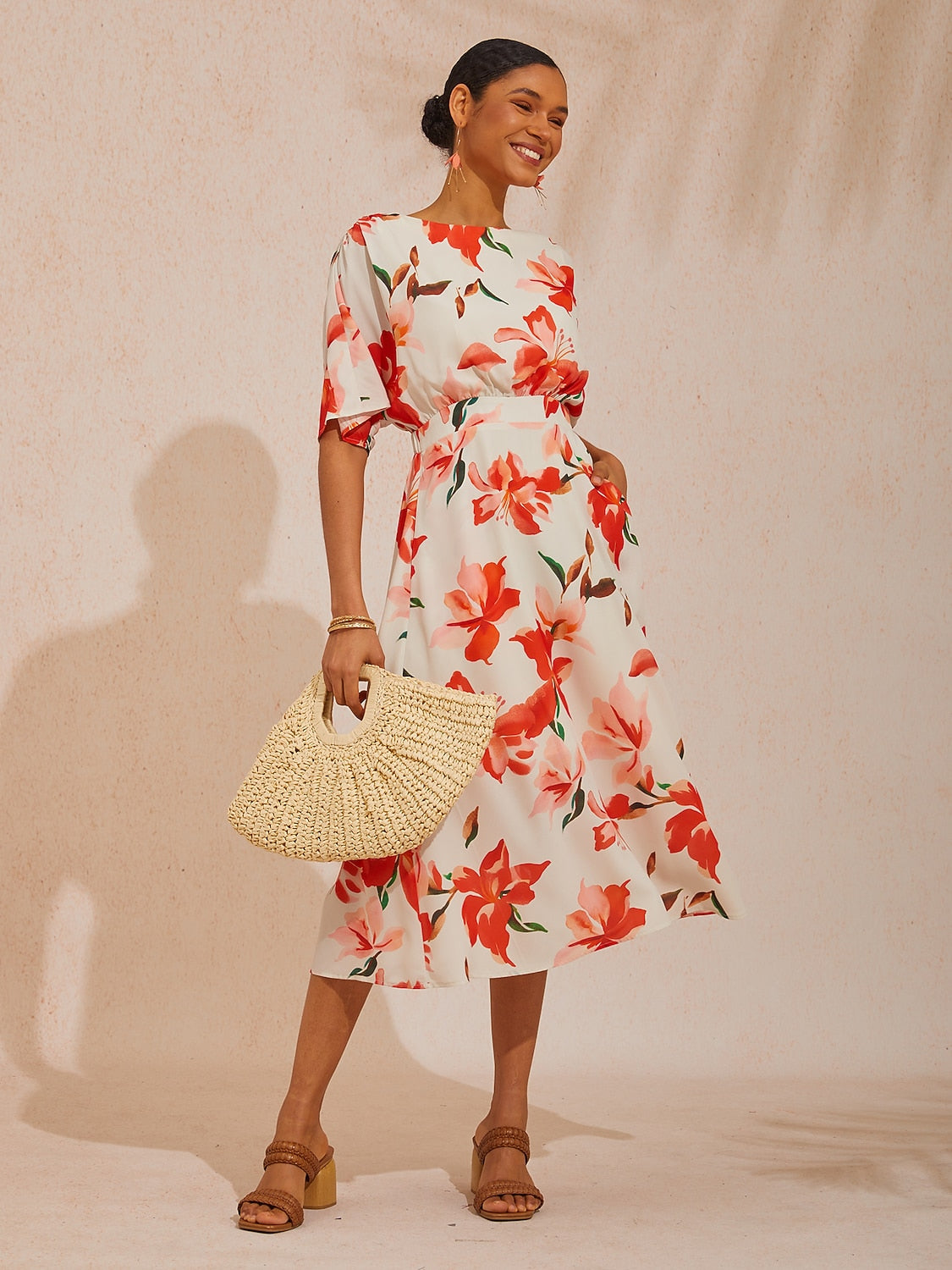 Vacation Pink Floral Print Waist Cinching Chiffon Maxi Dress