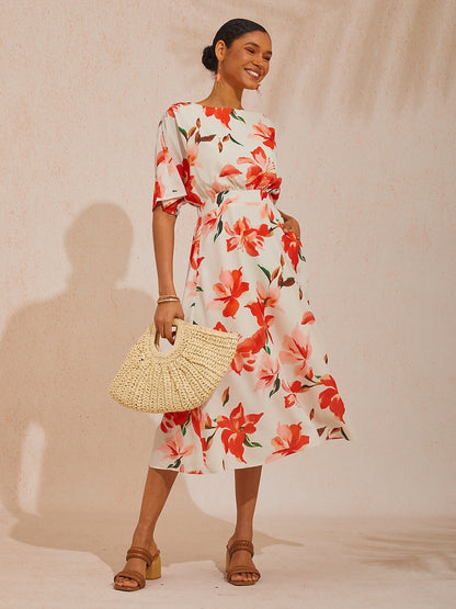 Vacation Pink Floral Print Waist Cinching Chiffon Maxi Dress