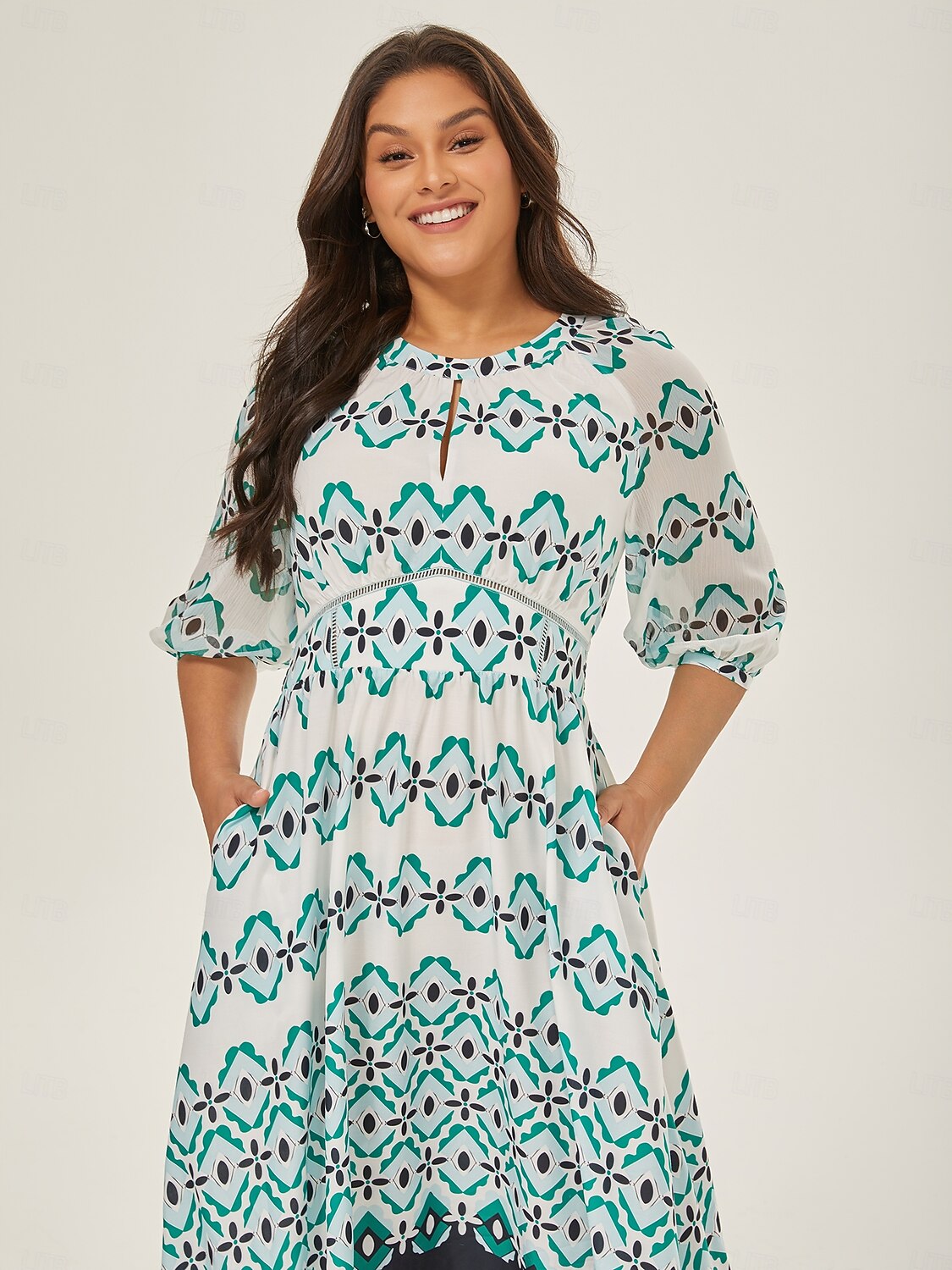 Geometric Cinched Waist Midi Dress