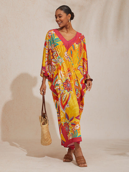 Vacation Yellow Paisley Floral Dolman Sleeves Chiffon Maxi Dress
