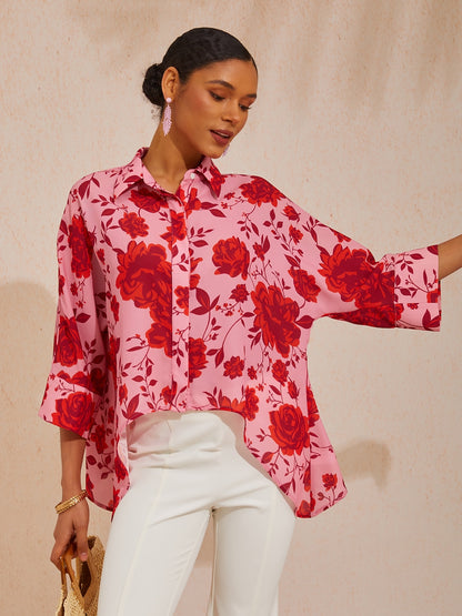 Vacation Floral Print Asymmetrical Dolman Sleeve Chiffon Shirt