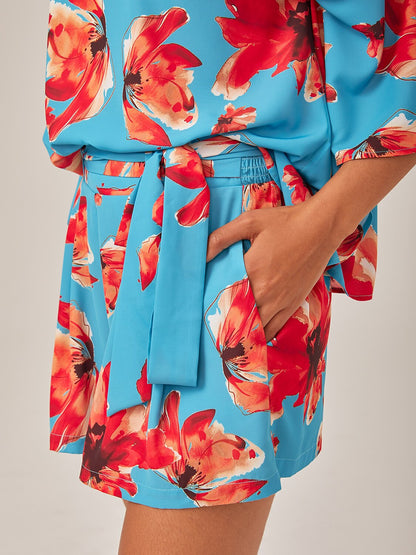 Vacation Floral Print High-Waisted Tie-Front Fresh Shorts