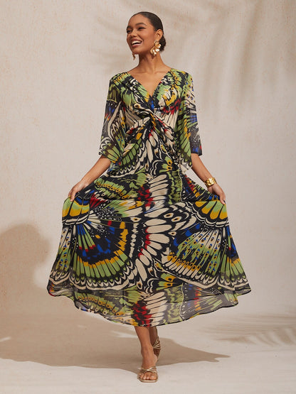 Vacation Butterfly Print Waist Defined Chiffon Maxi Dress