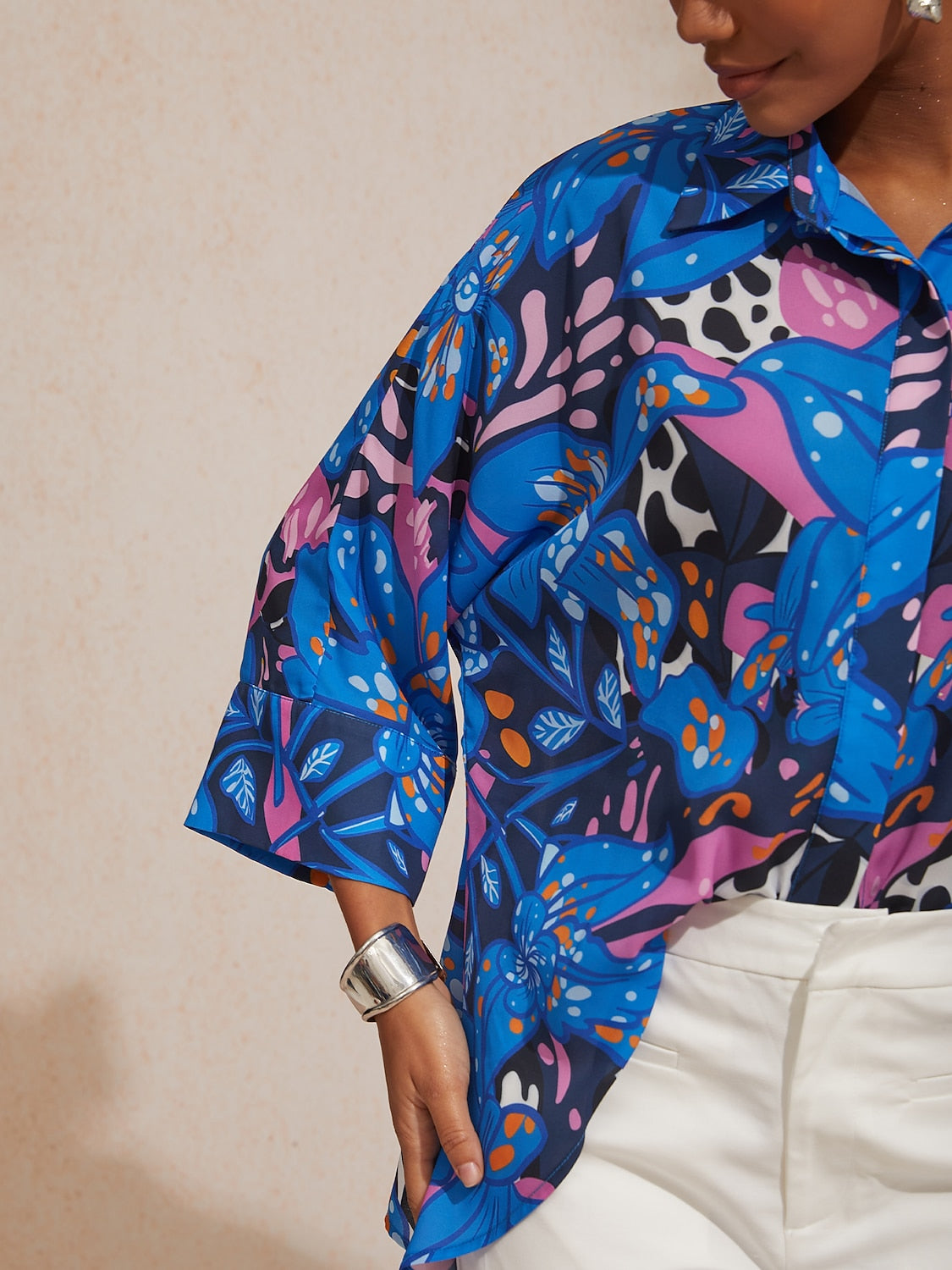 Vacation Color Dot Floral Dolman Sleeve Satin Shirt