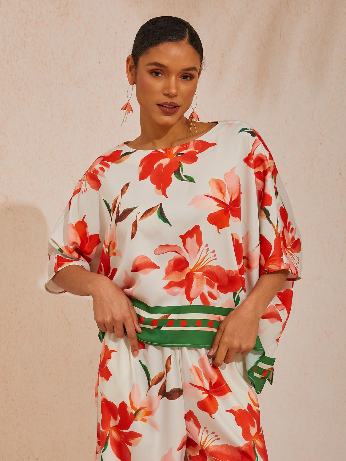 Vacation Color-Block Floral Dolman Sleeve Satin Top