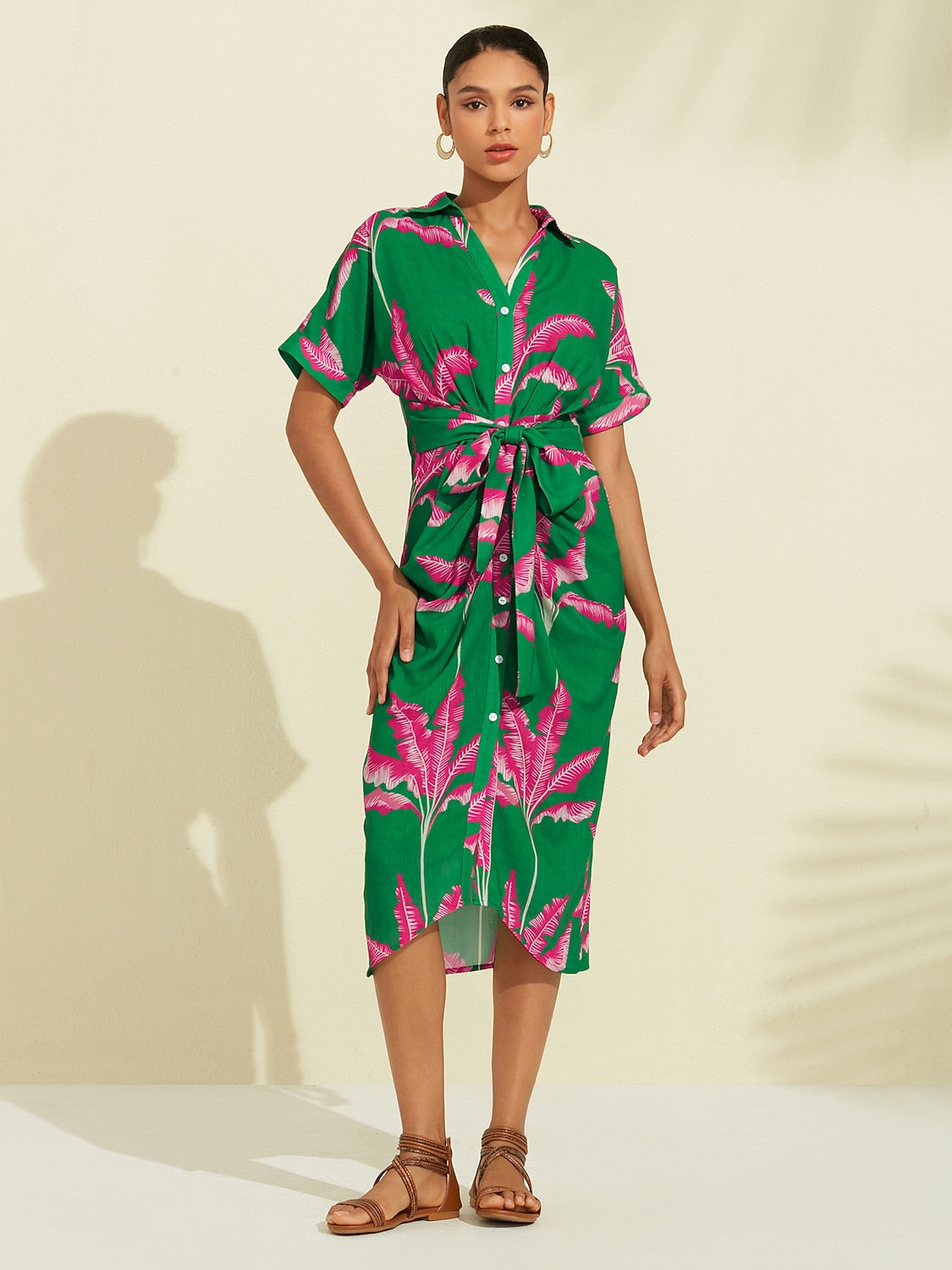 Print Shirred Midi Dress