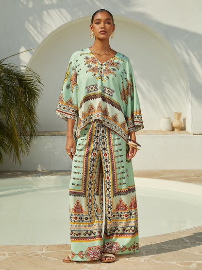 Vacation Geometric Print Satin Wide leg Pants
