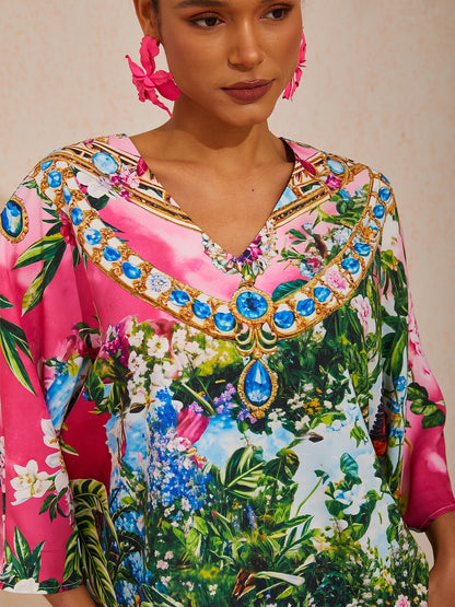 Vacation Jungle Print Dolman Sleeve Satin Top