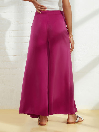 Wide Leg Pants Burgundy Satin Pocket