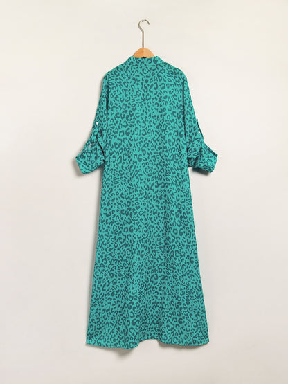 Shirt Maxi Dress Roll up Sequin Collar Leopard Print