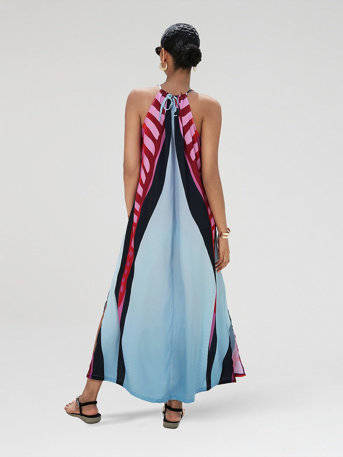 Halter Dress Satin Maxi Dress Rainbow Halter