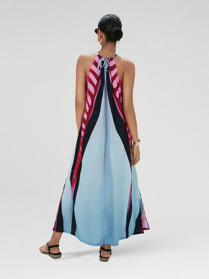 Halter Dress Satin Maxi Dress Rainbow Halter