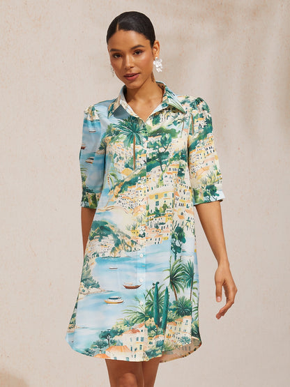 Vacation Scenic Floral Print Straight Satin Shirt Dress