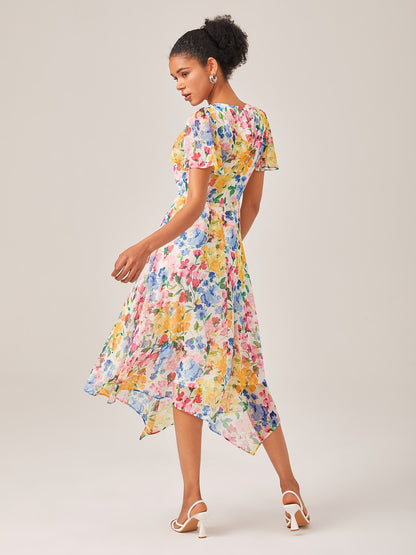 Chiffon Floral Print A-Line Short Sleeve Dress
