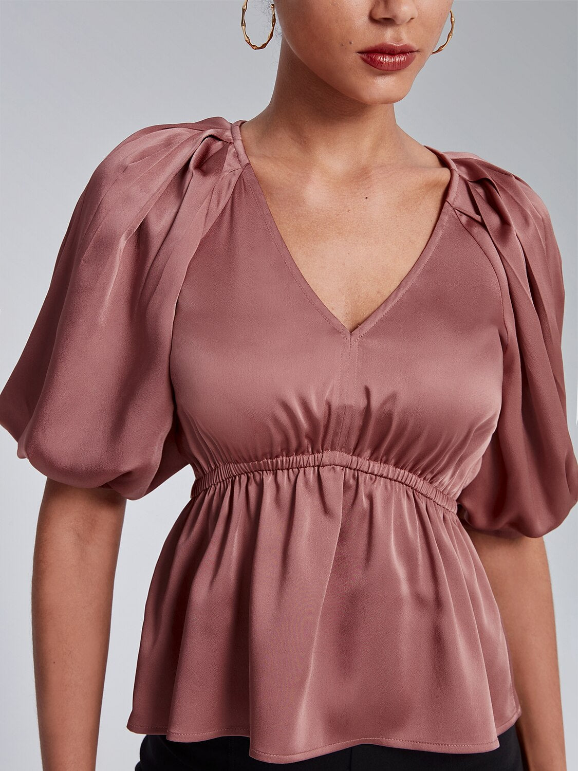 V-Neck Puff Sleeve Peplum Top