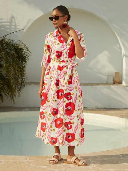 Vacation Blue Floral Straight Linen-Like Shirt Dress