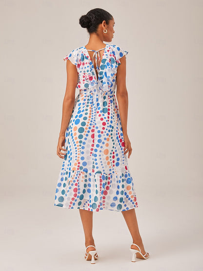 Colorful Polka Dot Chiffon Ruffled Waisted Dress