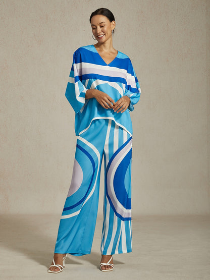 Satin Geometric Print Relaxed Elasticity Straight Pants