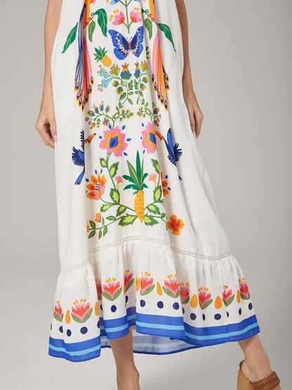 White-Toned Cotton Like Beach Vacation Floral Print Dress