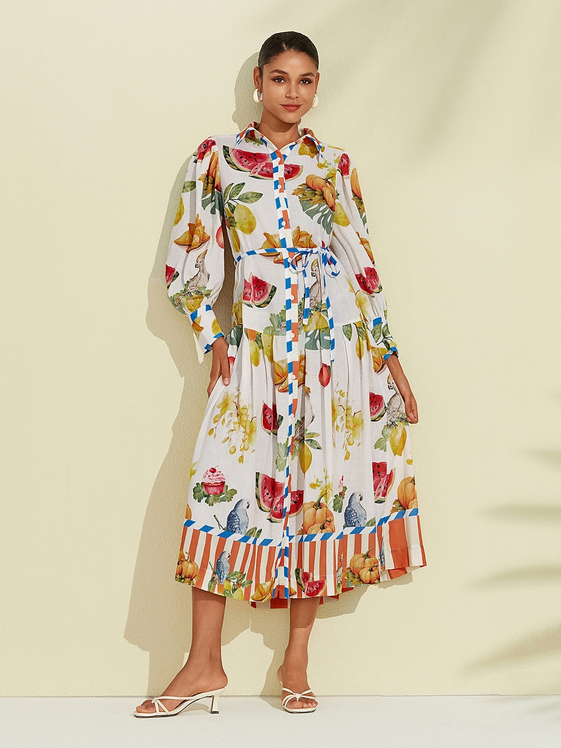 Print Stripe Fruit Midi Shirt Dress