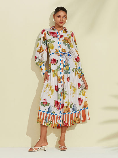 Print Stripe Fruit Midi Shirt Dress