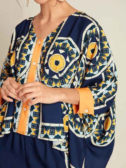 Navy Blue Folk Magyar Long Sleeve V-Neck Irregular Hem Casual Blouse