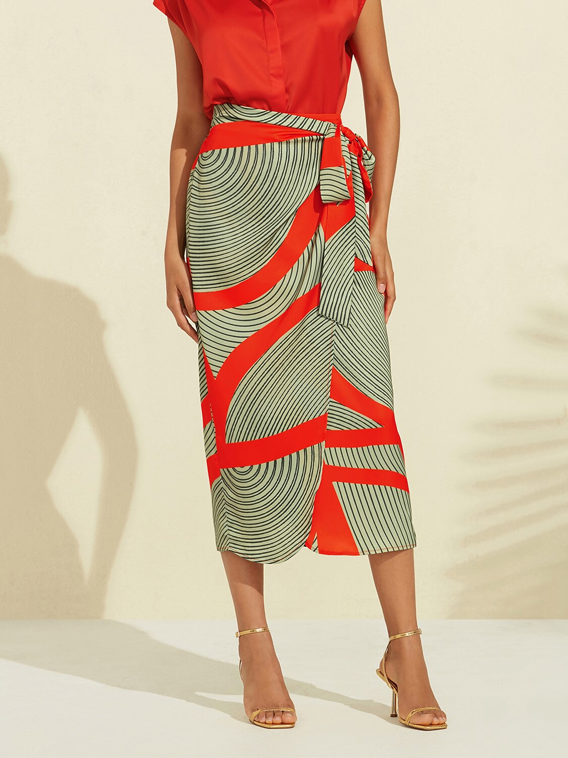 Satin Geometric Print Green Daily Casual Midi Skirt